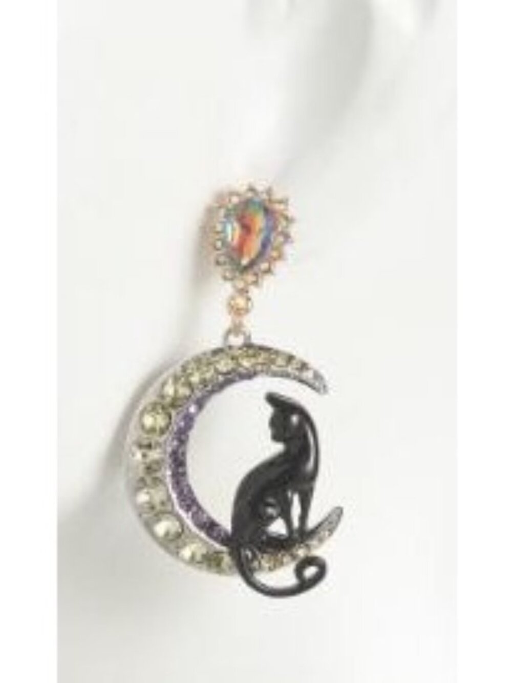 Betsey Johnson Black Cat & Moon Crystal Earrings